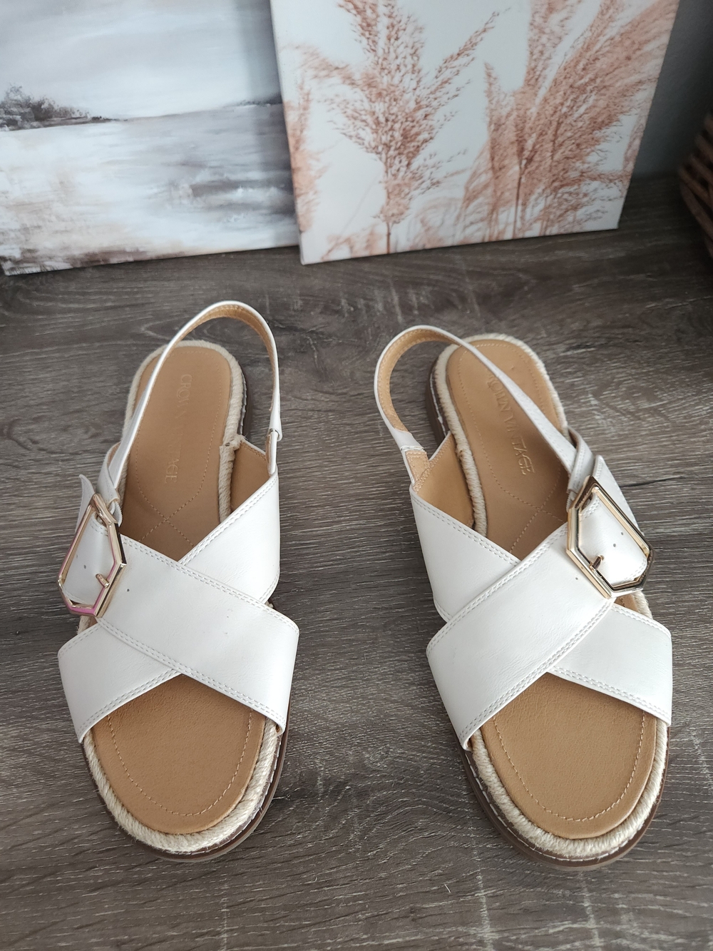 Crown Vintage White Cross-Strap Slingback Sandals with Gold Buckles